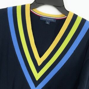 Tommy Hilfiger Sweater Women's Medium Cropped V-Neck Striped Preppy Varsity